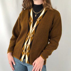 Stunning Vintage Preppy Mustard Yellow & Black Checker Diamond Cardigan Sweater